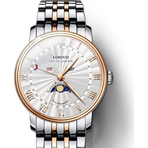 LOBINNI men moonphase watch,mens luxury brand wrist watches man quartz wristwatch waterproof clock sapphire dress reloj hombre