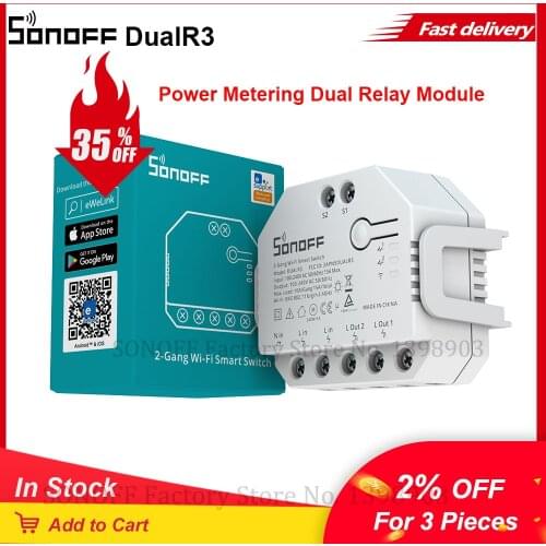 Itead SONOFF DaulR3 2 Gang Dual Relay Module Wifi DIY MINI Smart Switch Power Metering eWeLink Control Alexa Google Smart Home