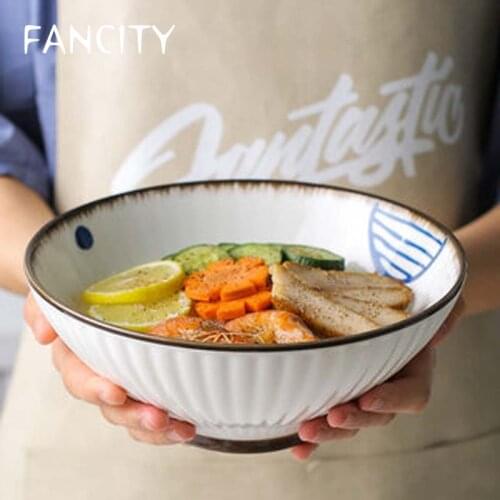 FANCITY Japanese style 8 inch noodle bowl soup bowl large household ramen bowl ceramic large bowl with hat trumpet bowl noodle b