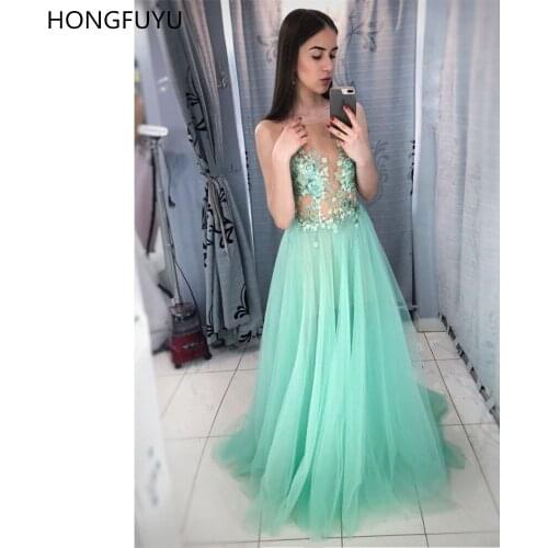 HONGFUYU Scoop Neck Tulle Prom Evening Gowns Lace Appliques Long Party Dresses A-line Illusion Vestidos Formal Dress for Women