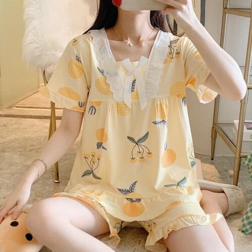 Ms 2021 summer pajamas short sleeve shorts princess wind lace v-neck leisurewear suit female thin model Printing pajamas suits