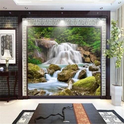 Custom wallpaper mural 3D forest creek waterfall woods landscape painting landscape living room TV background wall