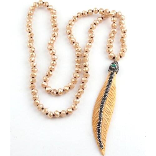 Fashion Bohemian Tribal Jewelry Beige Glass Crystal Handmake Paved Beige Bone Leaves Necklace