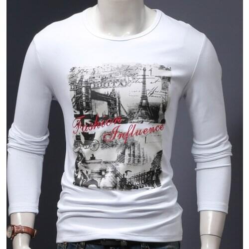Fashion Printed Thickened Long Sleeve T-Shirt Men Autumn Winter White Warm Cotton O-Neck Slim Fit Tops Tees