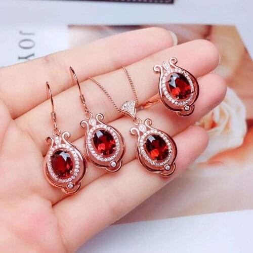 Real Natural Garnet jewelry set Natural Real Garnet 925 sterling silver 1pc pendant,1pc ring,2pcs Earring