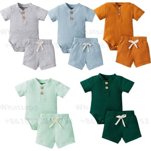 Newborn Baby Girls Boys Clothing Ribbed Baby Unisex Short Sleeve Romper Tops+Shorts Toddler Boy Girl Rib Knitted Cotton Outfits