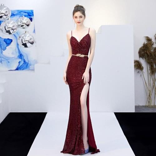 Sexy Spaghetti Strap Slim Tight Evening Party Gown Burgundy Exquisite Sequins Bling Novelty Luxury Dress