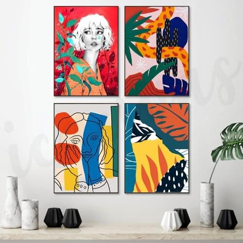 Modern Woman Middle Leaves Art Canvas Painting Print Fashion Nordic Girl Poster on The Wall for Living Room Home Decor