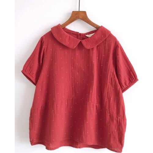 Vintage Doll Collar Blouse Printed Small Unlined Upper Garment Of Fresh Summer New Double Yarn Short-Sleeve Shirt Loose Woman