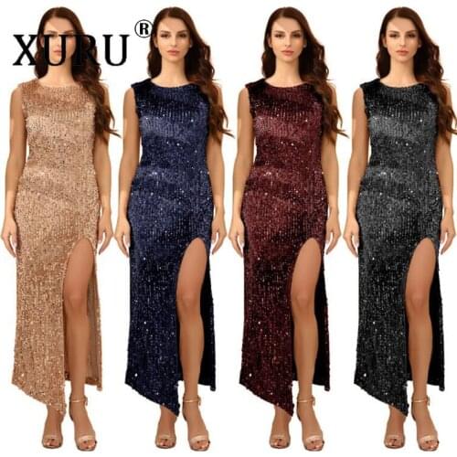 XURU Europe and America Selling Womens Sequin Dress Sexy Temperament Split Solid Color Dress