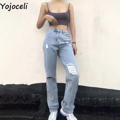 Yojoceli Elegant ripped vintage blue straight jeans Autumn Spring pockets denim jeans Casual cool wide za jeans
