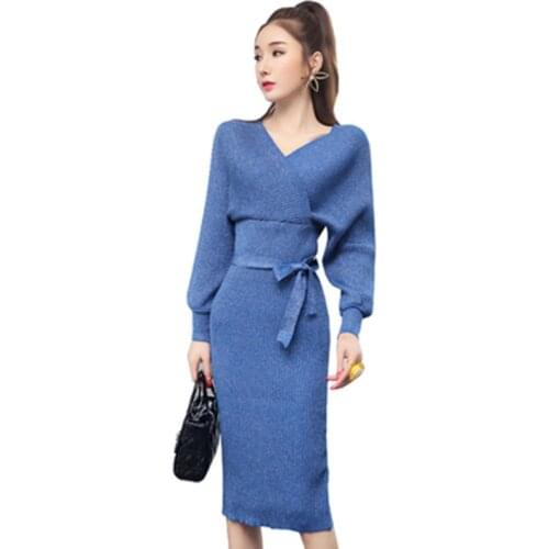 ZAWFL New 2020 Autumn Winter Women Dress Loose Knitting High Waist Bottoming Elasticity Lace Up Pleated Dress