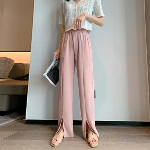 2021 Summer Spring Women High Waist Front Slit Wide Leg Trousers Pants Casual Korean Elastic Waist Ice Silk Thin Loose Pants