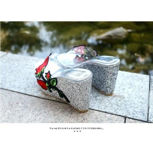 Womens Floral Mules Wedge High Heels Platform Sequins Open Toe Sandals Open Toe