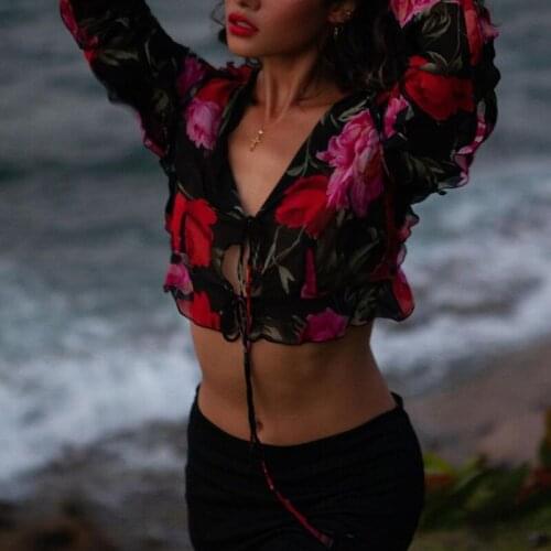 Women Ladies Floral Print Chiffon Tops Long Sleeve Casual Summer Tunic Shirt