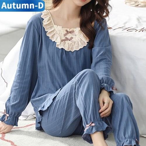 Women Pajamas Set Cotton Home Clothes Long Sleeved Pyjama Plus Size Sleepwear Female Sexy Pijama Suit Autumn Retro Nightie Wear
