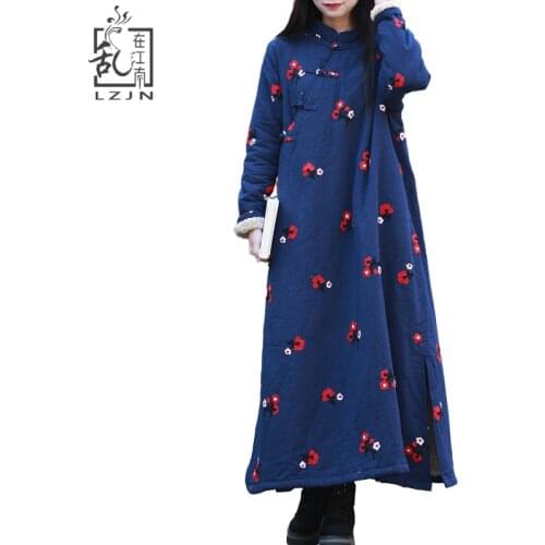 LZJN Faux Fur Clothing Embroidery Women Maxi Dress Elegant Cheongsam Cotton Linen Robe Vintage Qipao Fleece Winter Dress 15245