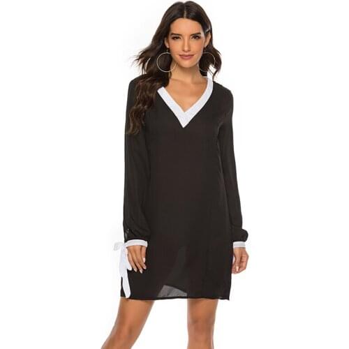 Dress Women Contrast Color Casual Party Dress Cocoon Type Segmentation Sexy Club Office Lady Long Sleeve V Neck Summer Dresses