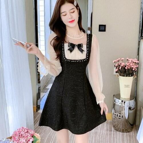 New Autumn Vintage Sexy See-through Mesh Patchwork Tweed Mini Dress Elegant Women Bow Beaded Long Sleeve Party Dresses Vestidos