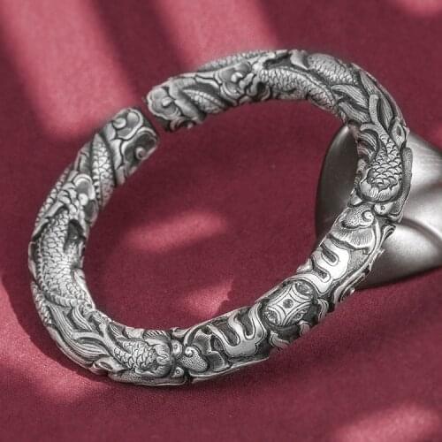 200g Mens Women Heavy 999 Sterling Silver double dragon Bangle Cuff Bracelet amulet jewerlry A4538