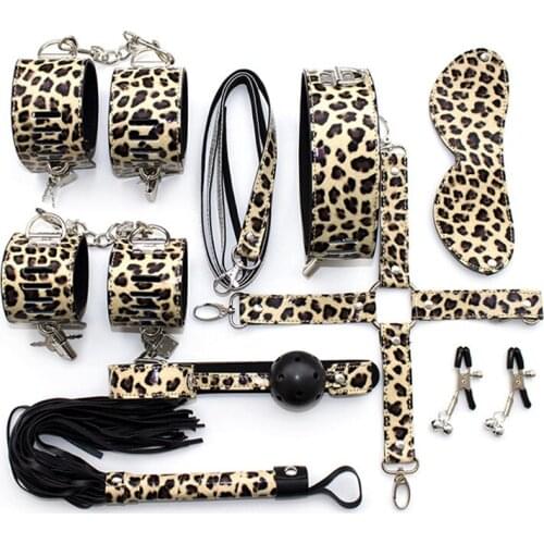 8 Pcs/Set Leopard PU Leather Couplebdsm Bondage Restraints Kits