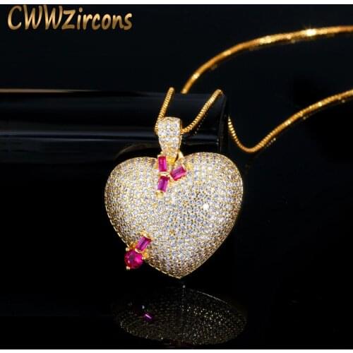 CWWZircons Bling Cubic Zirconia Pave Yellow Gold Color Love Heart Shape Chain Pendant Necklace for Women Best Jewelry Gift CP050