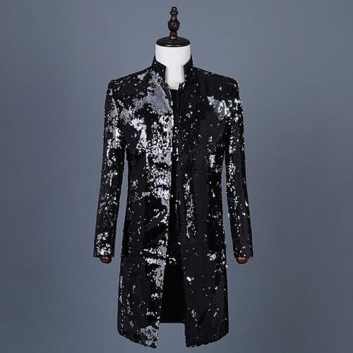 Mens Performance Jacket Black Sequins Suit Mens Suit Stand Collar Nightclub Host Costume Mid-long Coat