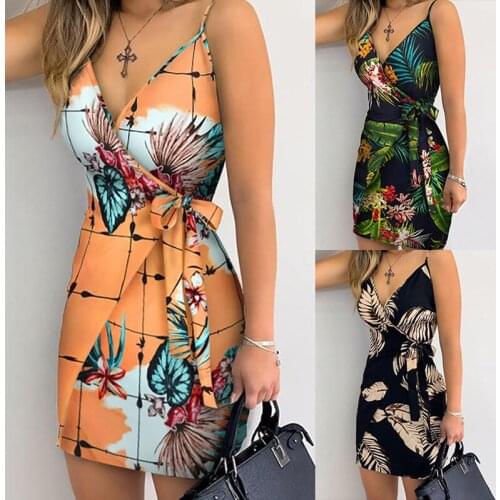 Summer Dress Women Holiday Floral Leaves Print Bodycon V-Neck Mini Dress 2021 Female Spaghetti Strap Bohemian Beachwear Bow Belt