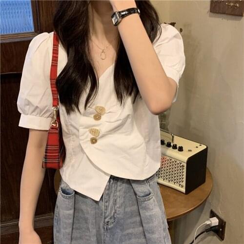 Summer Women Lrregular V-neck Short White Shirt Ladies Bubble Short Sleeve Off Shoulder Crop Top Clothes Lace Up Ladies Tube Top