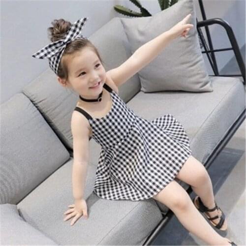 Fashion girl dress plaid solid color sling ribbon dress baby girl childrens clothing spring and summer princess dress