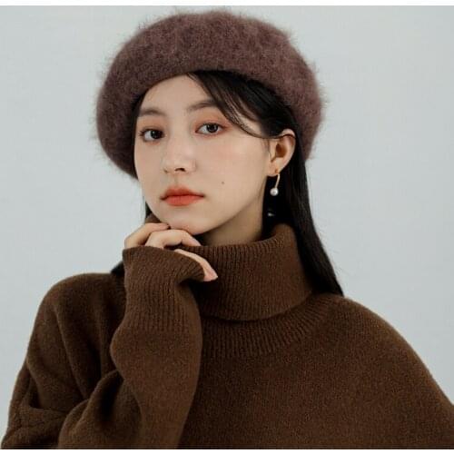 New Warm Womens hat Angora rabbit hair Beret womens hat autumn 2021 Solid multicolor Plush soft Beret for girl Japanese Beret