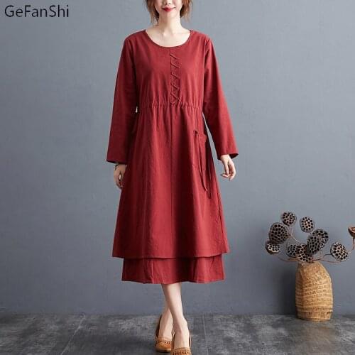 New 2021 Autumn Winter Women Dresses Casual Long Sleeve Solid Vintage Loose Dress Fashion Elegant Dress Clothing Robe Girl