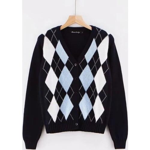 New Diamond Plaid Sweater Women Color Matching Harajuku Clothing Stretch Knit Pullover Casual Style Female Tops