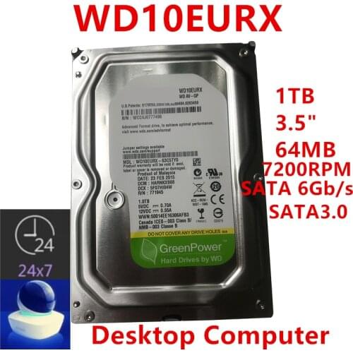 New HDD For WD Green 1TB 3.5" SATA 6 Gb/s 64MB 7200RPM For Internal HDD For Surveillance HDD For WD10EURX WD10EARX WD10EARS