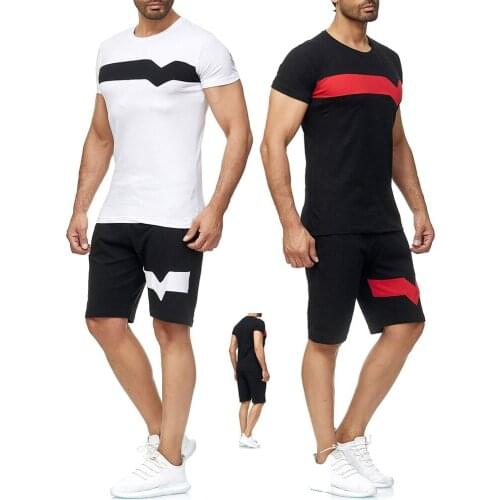 New Sportswear Male Short Sleeve Stitching suit Men Two Pieces Mens Sets T Shirt Shorts Casual Tracksuit Set Sweatsuit Patchwork