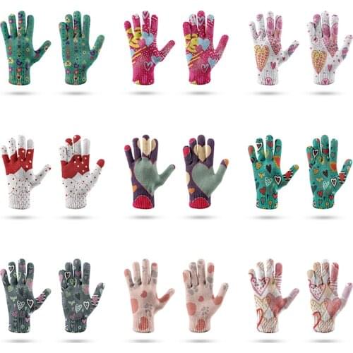 New Couple Womens Winter Gloves Pink Heart 3D Printing Ladies Knitted Gloves Unisex Autumn Outdoor Leisure Stretch Gloves