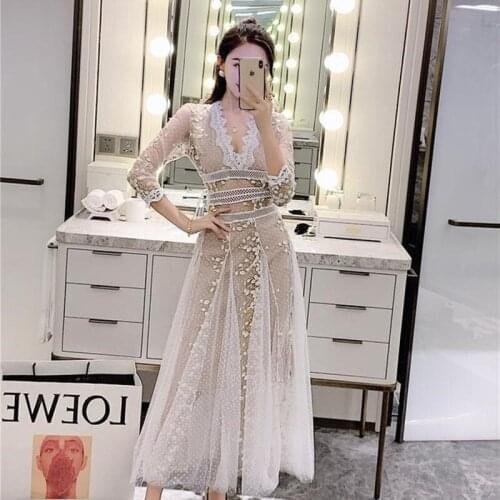 WTIANYUW High Quality Sexy V-Neck Three Quarter Sleeve Mesh Embroidery Polka-Dot Dress Elegant Slim Draped Party Long Dress