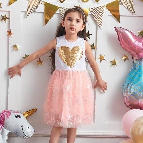 Girls Dresses Kids Heart Sequins Sleeveless Dress Girls Birthday Party Prom Summer Princess Tutu Vestidos Children Tulle Dress