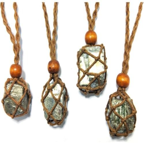 Natural Chalcopyrite Pendant Grounding Raw Gemstone Necklace With Hand Woven Rope Perfect Jewelry Gift For Men Women