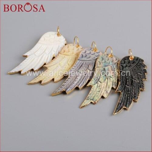 BOROSA New Arrival Wing Charm for Druzy Pendant for Necklace, Gold Color Natural Rainbow Shell Carved Wing Charm G1181