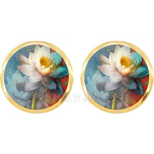 OM Yoga Earrings Symbol Buddhism Zen Henna Unique Lotus Flower 12mm Glass Dome Cabochon Stud Earrings Jewelry For Women Girls