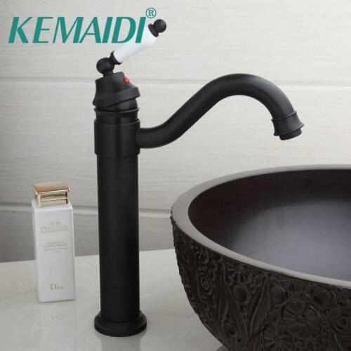 KEMAIDI White Ceramic Handle Single Hole ORB High Body Faucet Black Basin Mixer Bathroom Vessel Sink Tap Deck Mounted