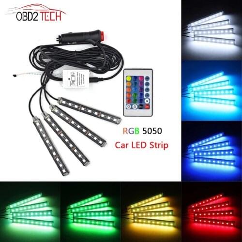 4Pcs 12V Car RGB LED DRL Strip Light Cigarette lighter Music IR APP Strip Atmosphere Flexible Backlight Lamp With Remote Control