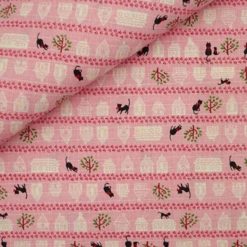 Ripstop Cotton Linen Fabric for handmad, bed, bag, curtain - Stripe - Cat and House - pink (LF064)