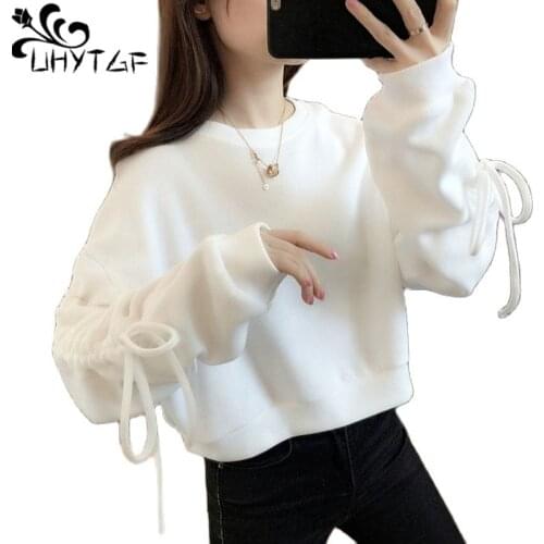 UHYTGF Student Hoodies Women 2021New Spring Autumn Sweatshirt Fashion Bow Long-Sleeved Cute Girl Short Coat Female Thin Top 1517