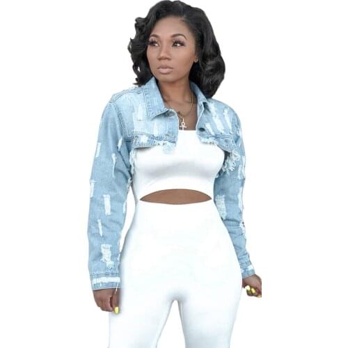 S-XXL Women Fashion Denim Jackets - Long Sleeve Sunscreen Short Crop Irregular Distressed Washed Jeans Coat Shawl