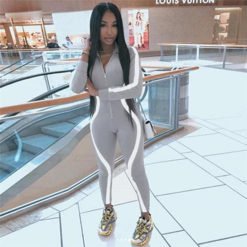 Women Jumpsuit Yoga Running Outfit Reflective Sports Tracksuit Long Sleeve Zipper Leggings Jumpsuit Gym Fitness Workout Clothes
