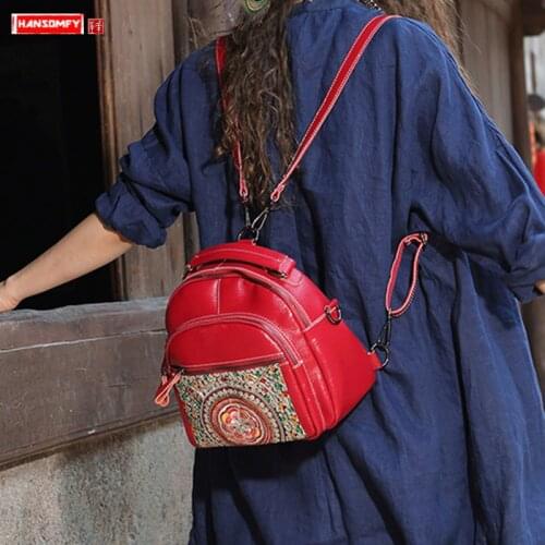 New Retro Genuine Leather Women Backpack Hand-embroidered Shoulder Bag Female Casual Ethnic Style Small Backpacks Cow Leather