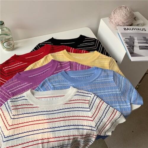 Fashion Retro Striped Knitted Pullover Shirt Womens 2021 Summer Korean Causal Slim Short Sleeve Crop Tops Streetwear