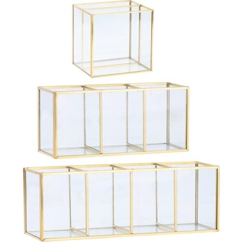 Gold Glass Makeup Brush Holder Storage Container Ring Earring Holder Clear Glass U2JC